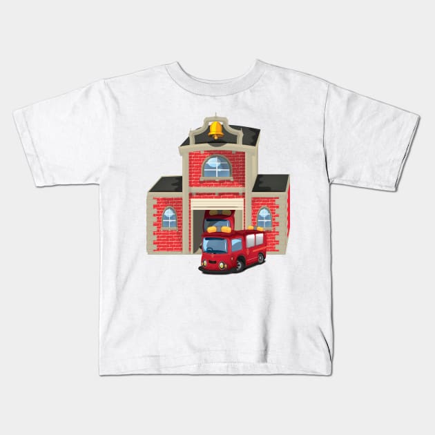 Fire truck and fire house Kids T-Shirt by nickemporium1